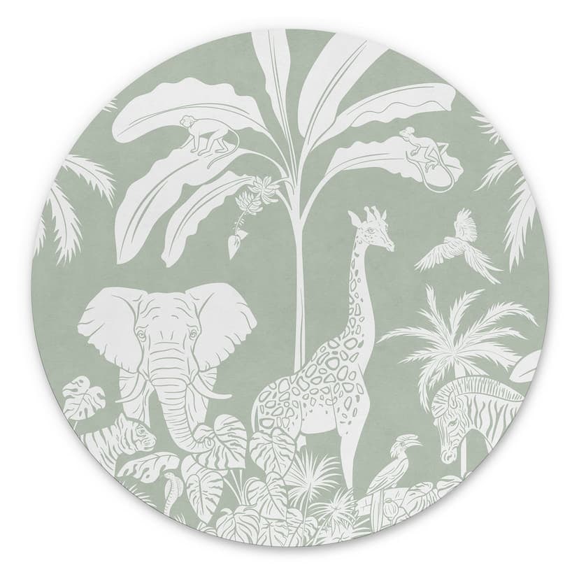 Stampe rotonde per pareti con animali della giungla in verde tropicale - Kikki Belle - Alluminio dib