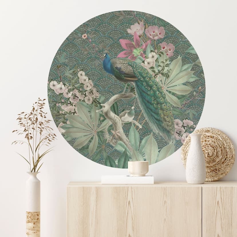 Pavone in giardino tropicale - Adesivo murale su mosaico - Bloomery Decor - Rotondo