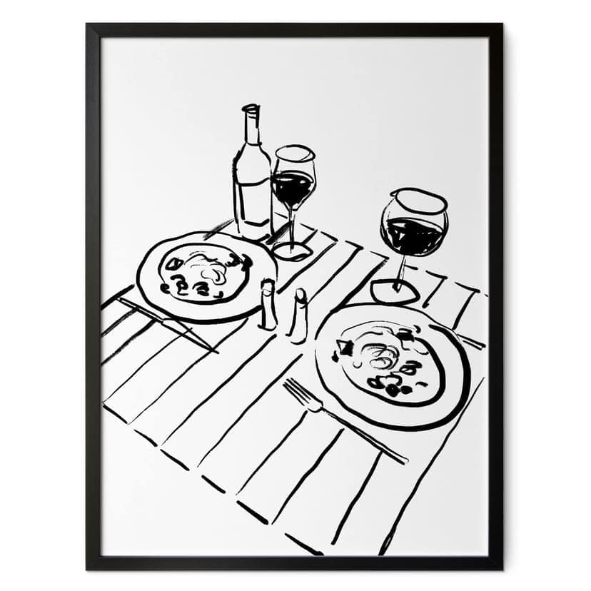 Poster Natura morta con cena e vino - Line Art - Treechild