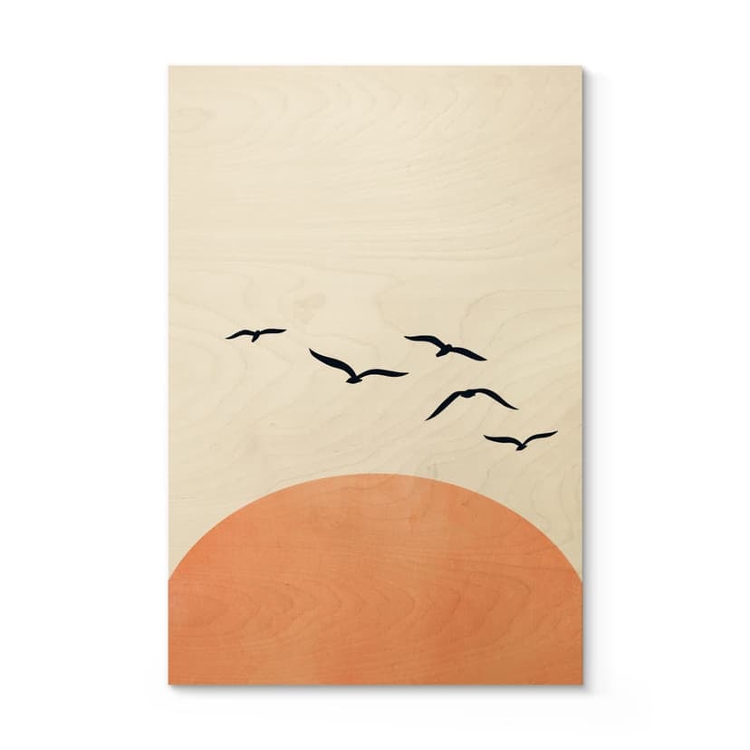 Stampa su legno Sciame di uccelli al tramonto - Kubistika