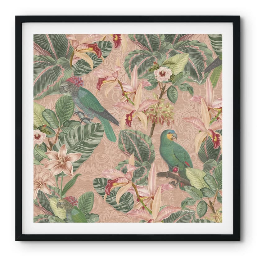 Poster botanico con pappagalli rosa - Decorazione floreale - Quadrato