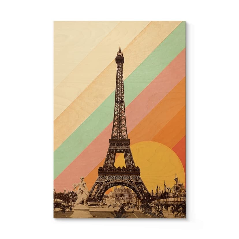 Stampa su legno Bodart - Torre Eiffel retrò con arcobaleno