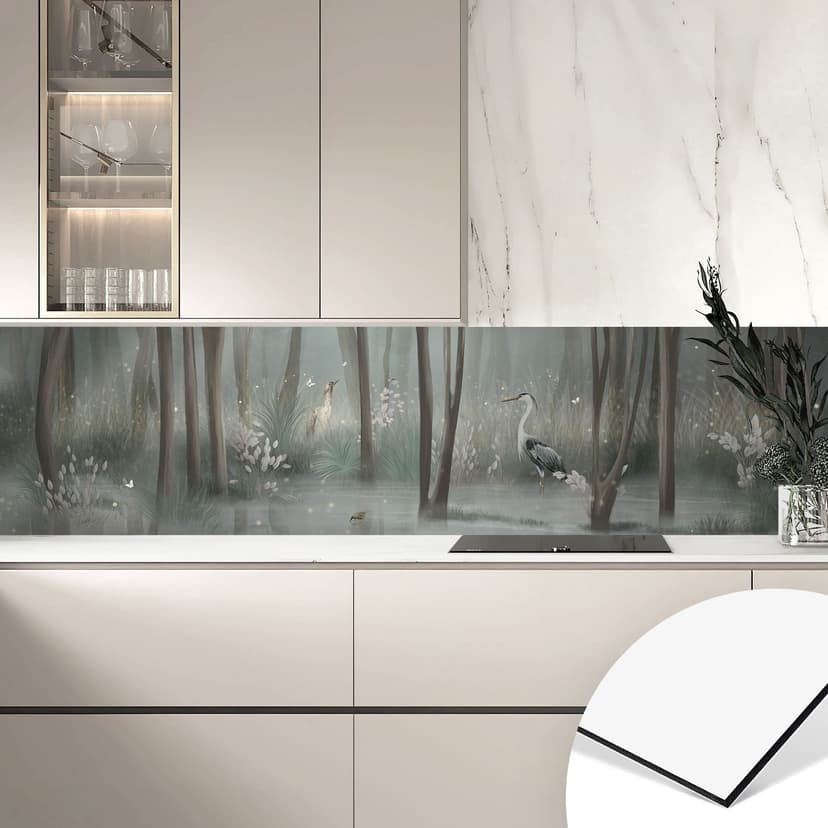 Rivestimento cucina foresta di nuvole sul lago con airone in verde - Ms Tiff
