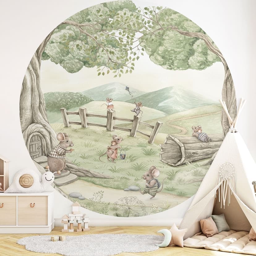 Fotomurale tondo Famiglia di topi nella foresta - Kikki Belle - carta da parati in tessuto non tessuto/carta da parati in tessuto non tessuto autoadesiva