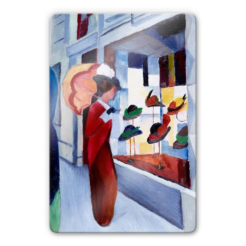 Glasbild Macke - Frau mit Sonnenschirm vor Hutlade