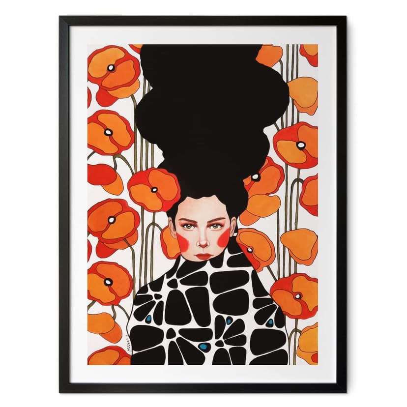 Poster donna con fiori di papavero retrò - Ritratto d'arte per il soggiorno - Hülya