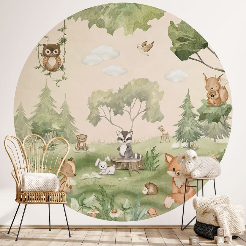 Carta da parati per bambini con simpatici animali nel cuore della foresta - Oliver Robins - Round -