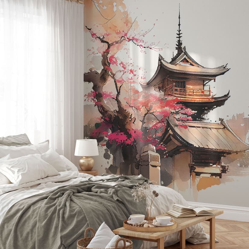 Fotomurale Pagoda giapponese con fiori di ciliegio - Jaszke