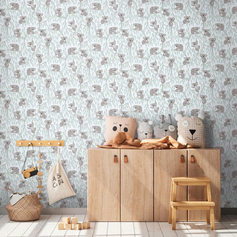 Carta da parati Koala azzurro grigio - Carta da parati per bambini con koala e rami