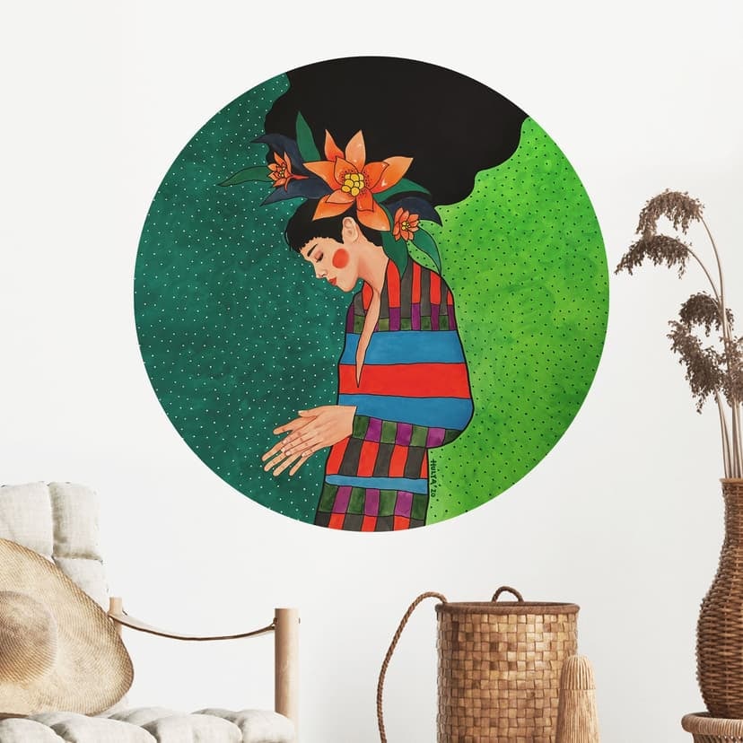 Adesivo murale Donna in abito a righe con fiori arancioni - Hülya - Rotondo