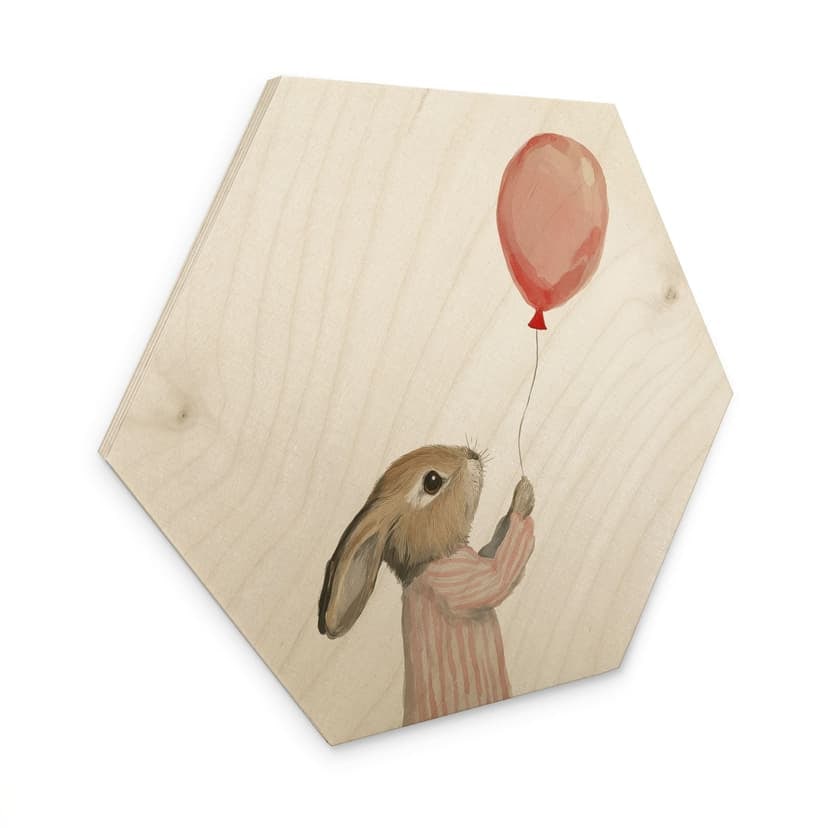 Stampa su legno esagonale di un dolce coniglietto con palloncino - Treechild