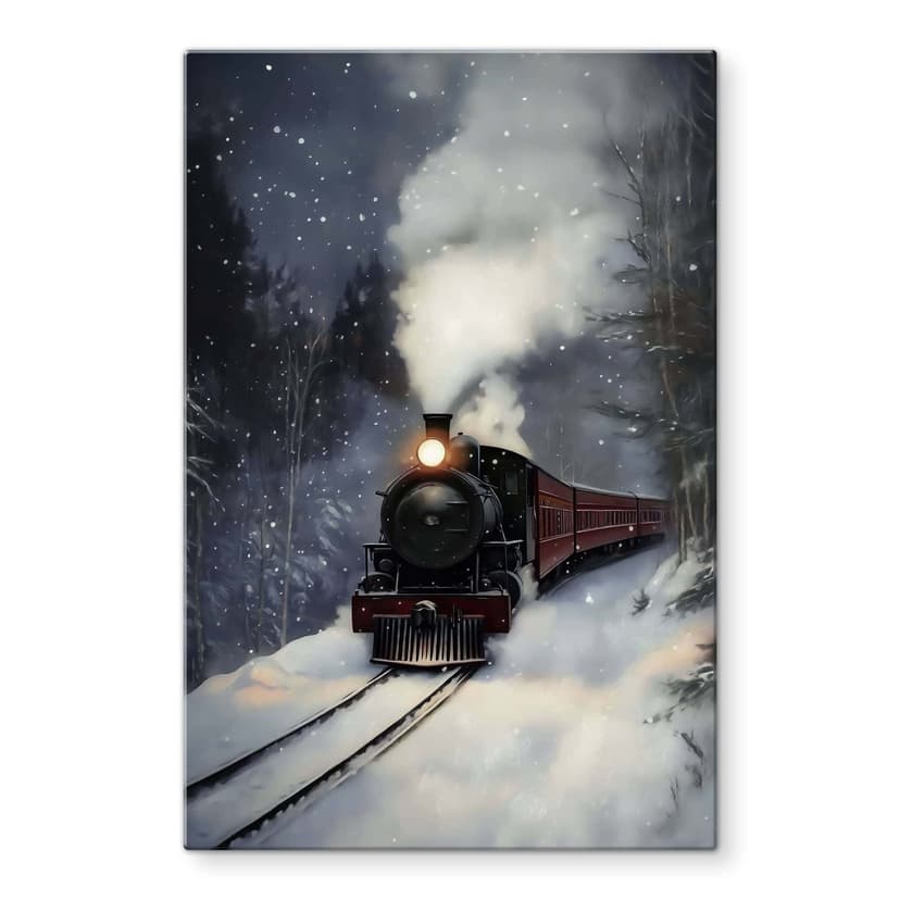 Stampa su vetro Locomotiva a vapore in una foresta innevata - Melloi Art Prints