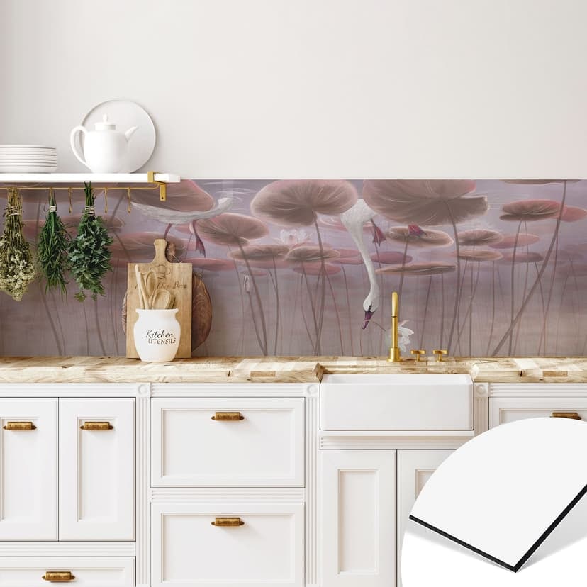 Rivestimento cucina con fiori di loto e cigno in acqua in rosa scuro - Ms Tiff