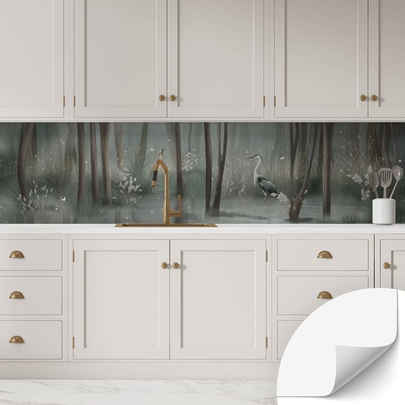 Rivestimento cucina autoadesivo foresta di nuvole sul lago con airone in verde - Ms Tiff