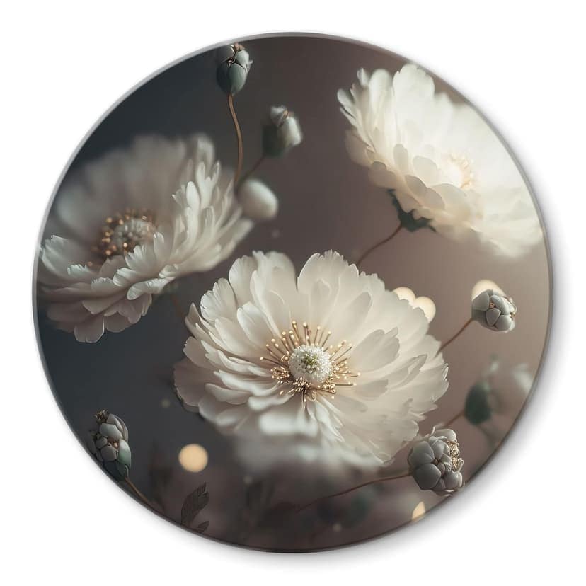 Stampa su vetro Fiori bianchi con polvere d'oro - Treechild - Rotondo
