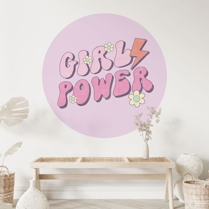 Adesivo murale Girl Power retro lettering viola - rotondo