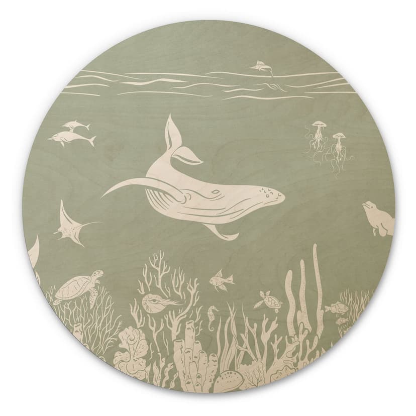 Stampa su legno Barriera corallina e animali marini - Un viaggio nel verde - Kikki Belle - Rotondo