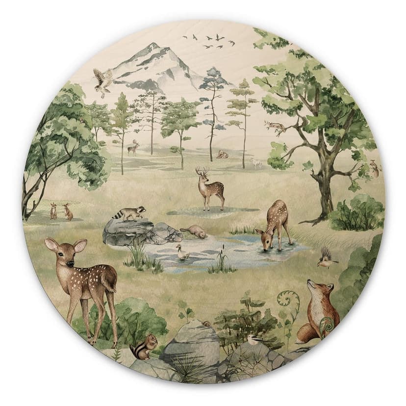 Quadro in legno Kikki Belle - Foresta di cervi - Rotondo