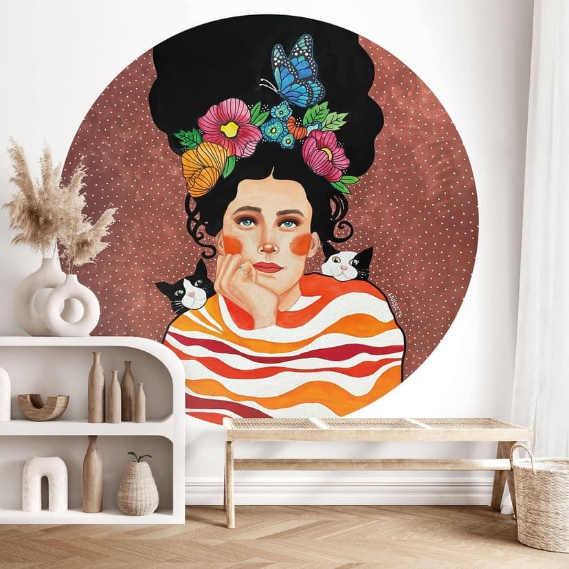 Fotomurale Donna con corona di fiori e gatti - Hülya - Rotondo - Autoadesivo/non tessuto