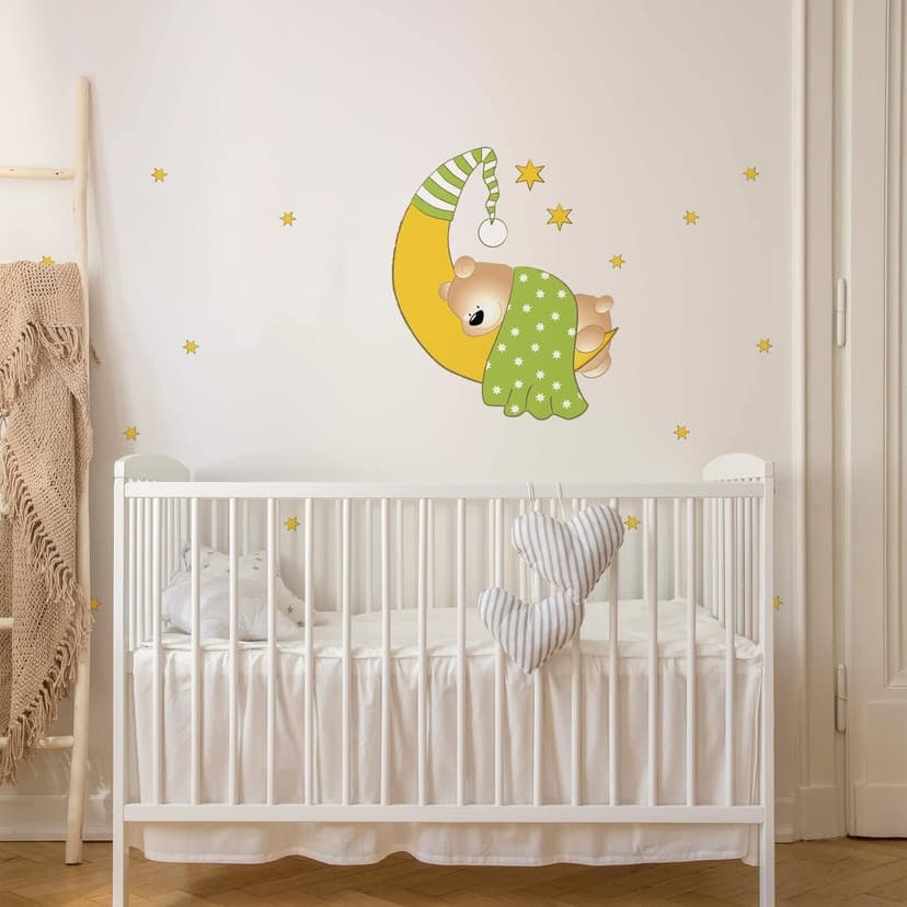 Adesivo murale - Orsacchiotto, Luna e stelle (in verde)