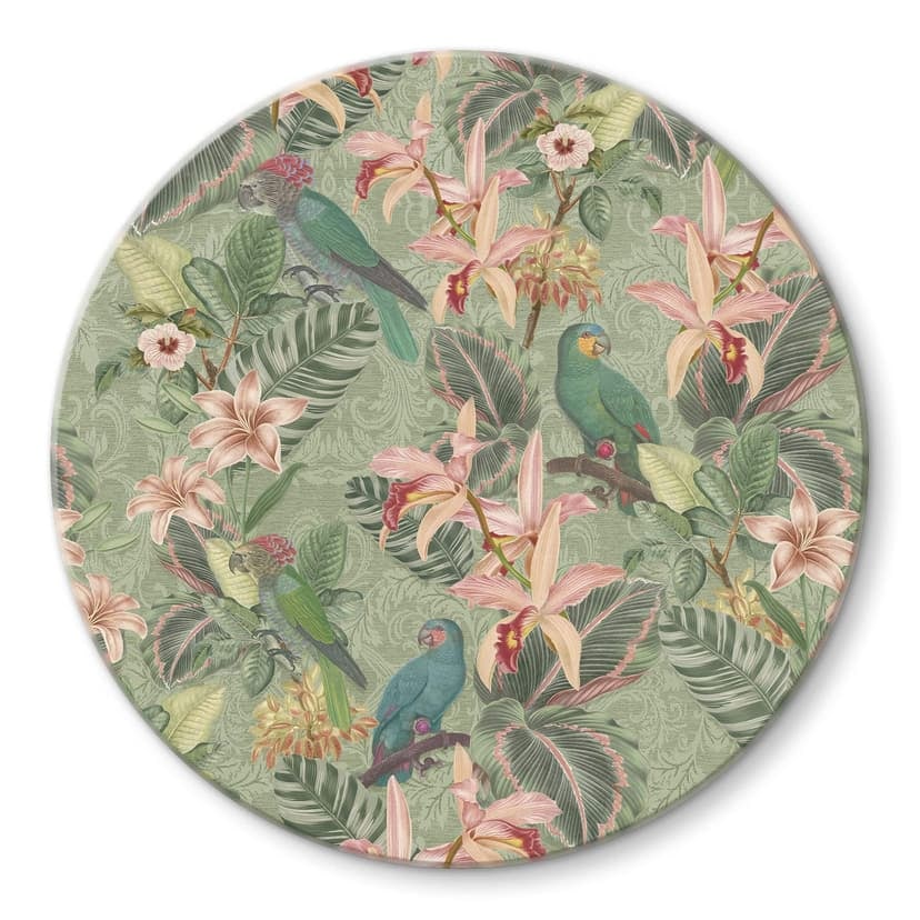 Stampa su vetro Jungle con pappagalli verde - Decorazione floreale - Rotondo