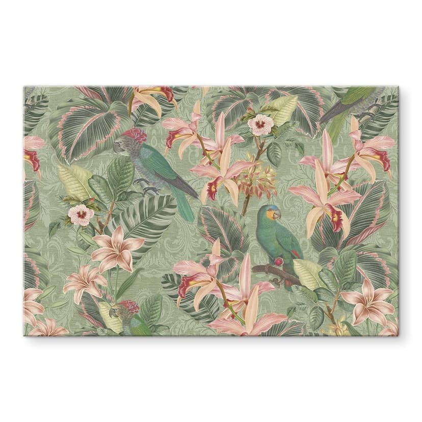 Stampa su vetro Jungle con pappagalli verdi - Bloomery Decor