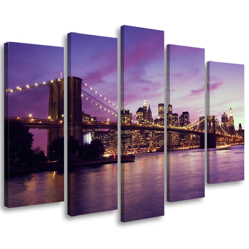 Stampa su tela 5 pezzi, New York Brooklyn Bridge Viola
