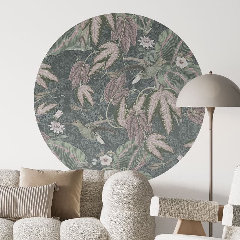 Adesivo murale della giungla con colibrì nella foresta tropicale - Bloomery Decor - Rotondo
