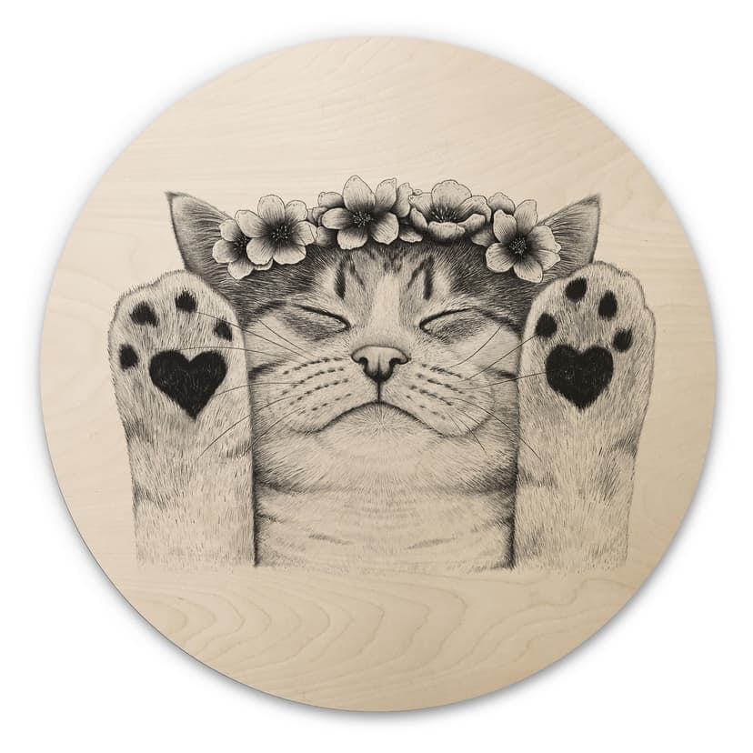 Stampa su legno Gatto dolce con zampe a cuore - Korenkova - Tondo