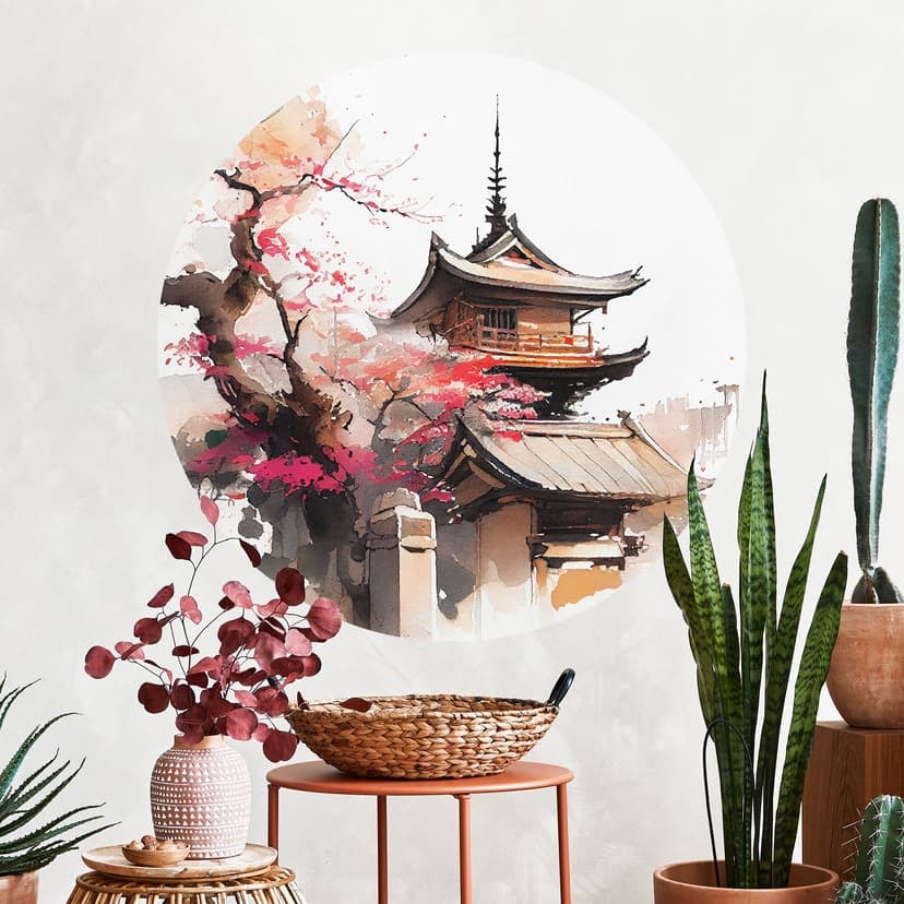 Adesivo murale Pagoda giapponese con fiori di ciliegio - Jaszke