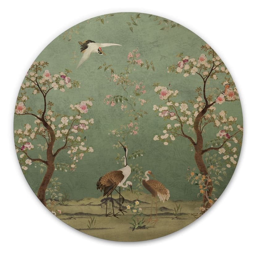 Stampa su legno di gru in un paesaggio floreale - Bloomery Decor - Rotondo