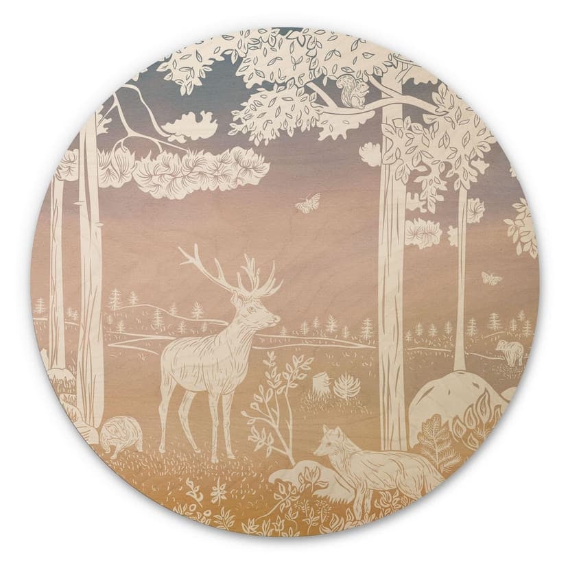 Stampa su legno Bosco tranquillo con cervi e volpi - Ombre - Kikki Belle - Rotondo