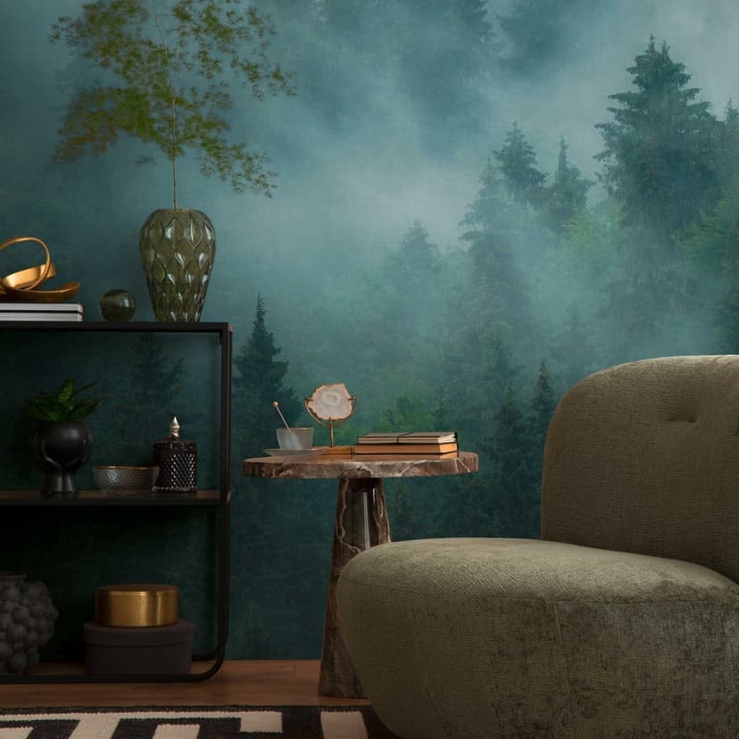 Carta da parati 3D verde bosco - Carta da parati in tessuto non tessuto con motivo di nebbia per il soggiorno e la camera da letto
