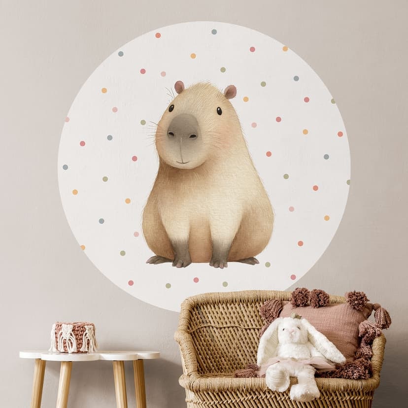 Adesivo murale per la camera dei bambini Dolce Capibara con coriandoli - Rotondo