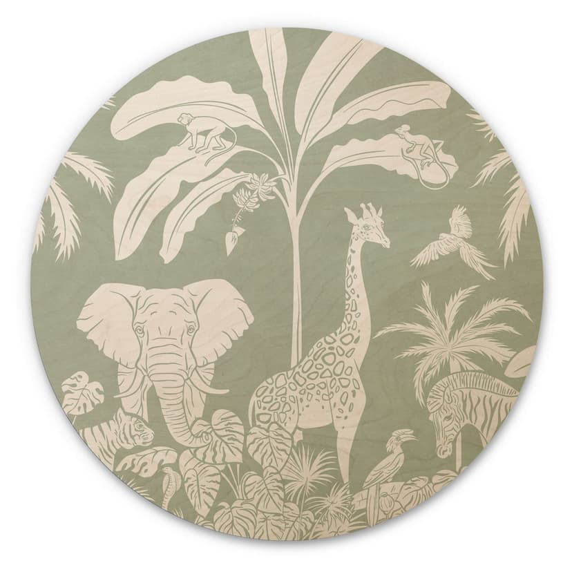 Stampa su legno di animali della giungla in verde tropicale - Kikki Belle - Rotondo