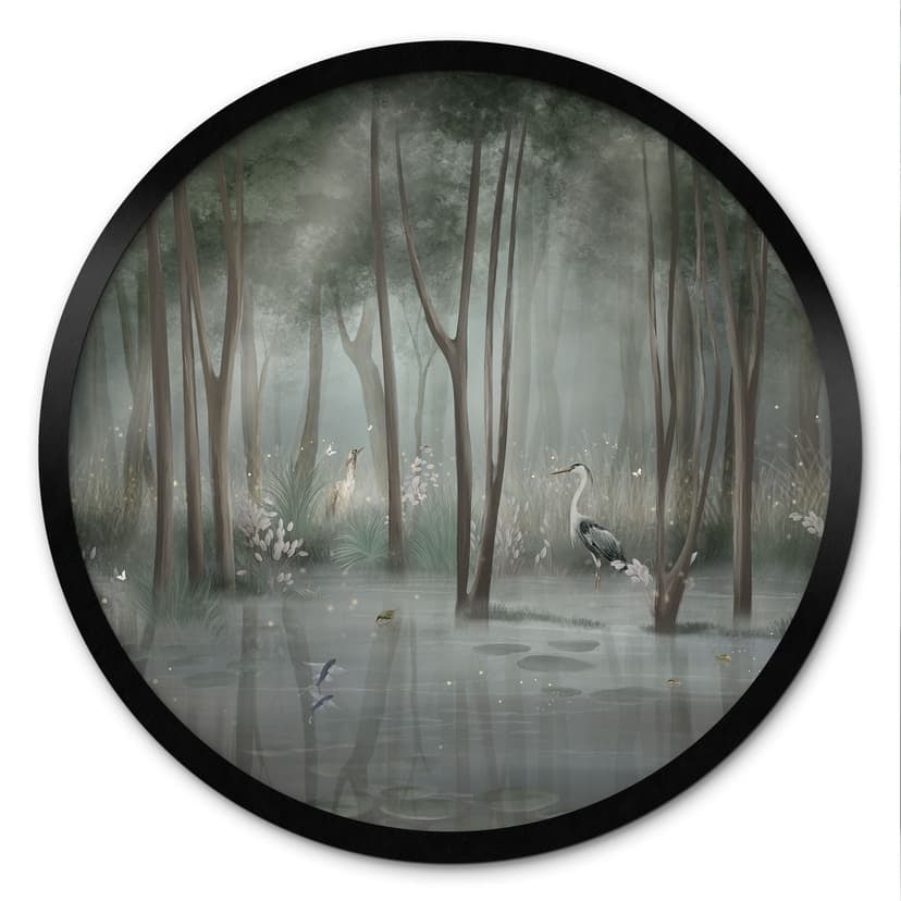 Poster Foresta di nuvole al lago con airone in verde - Ms Tiff - Rotondo