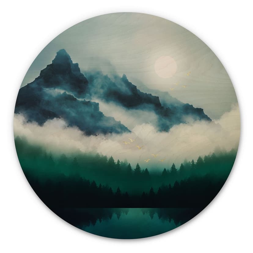 Stampa su legno Paesaggio nebbioso di notte - SpaceFrog Designs - Rotondo