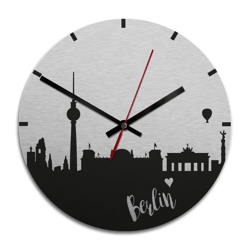Wanduhr Alu-Dibond-Silbereffekt - Skyline Berlin -