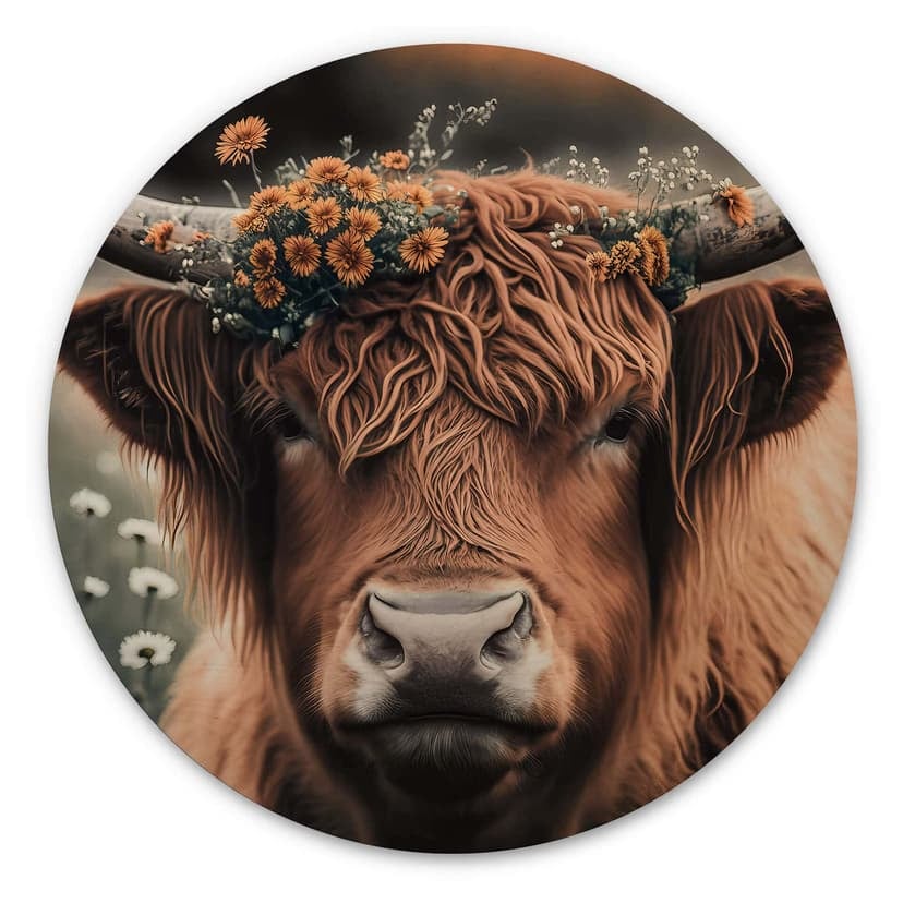 Stampa su legno Treechild - Mucca delle Highlands con corona di fiori - Rotonda