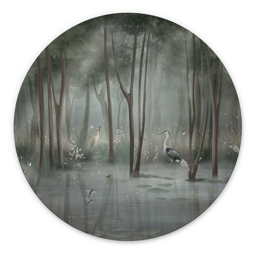 Stampe per pareti sul lago con airone in verde - Ms Tiff - Alu-Dibond Round