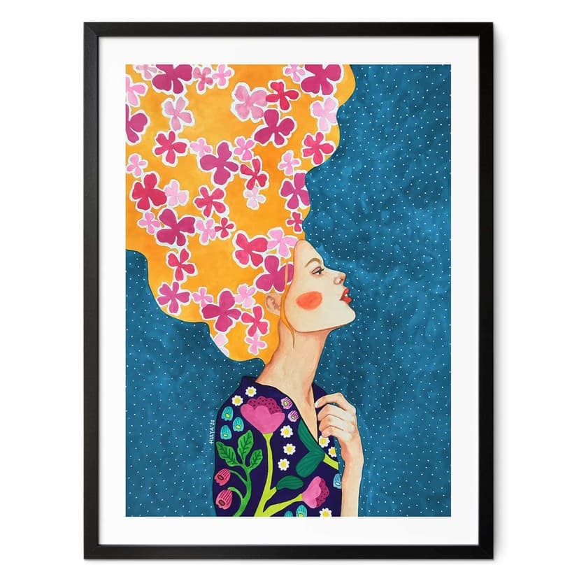 Poster Hülya - Donna con fiori rosa tra i capelli