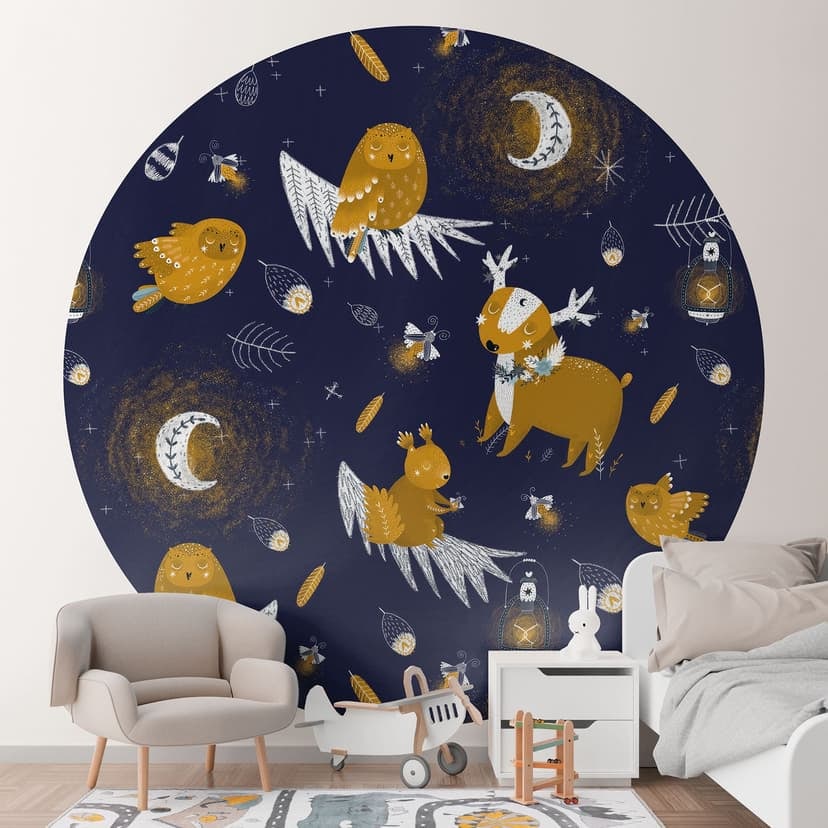 Fotomurale nursery - Animali della foresta di notte - UN Designs - Rotondo - carta da parati in tess