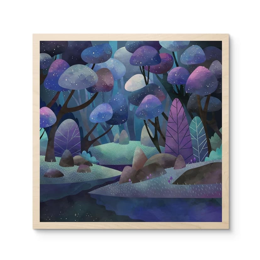 Stampa su legno foresta incantata in blu notte - DigitalArtsi