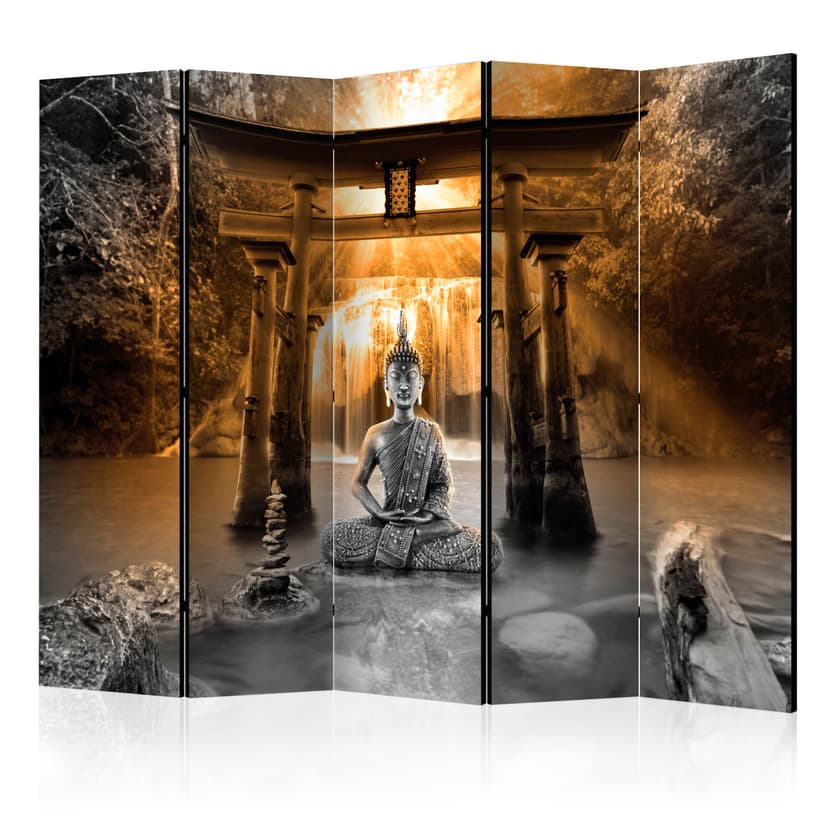 Schermo divisorio - Buddha smile (arancione) , 5 pezzi - 225x172 cm