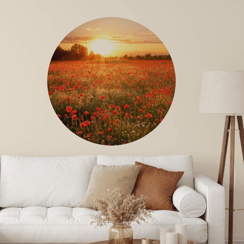 Adesivo murale sul campo di papaveri al tramonto - Rotondo
