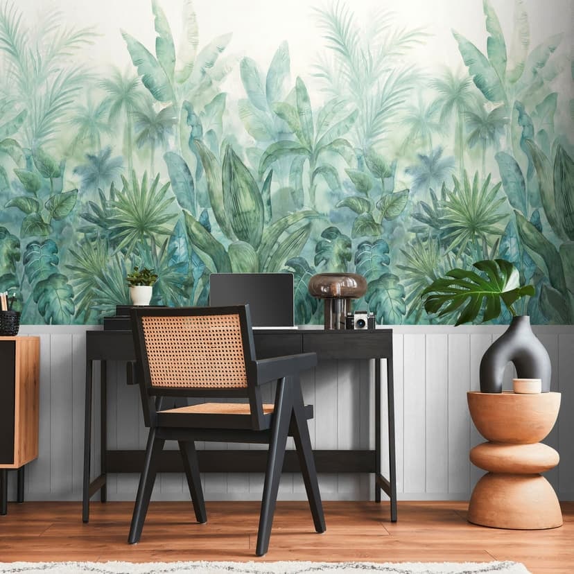 Acquerello tropicale con pannello in legno verde bianco - Carta da parati in tessuto non tessuto, estensibile