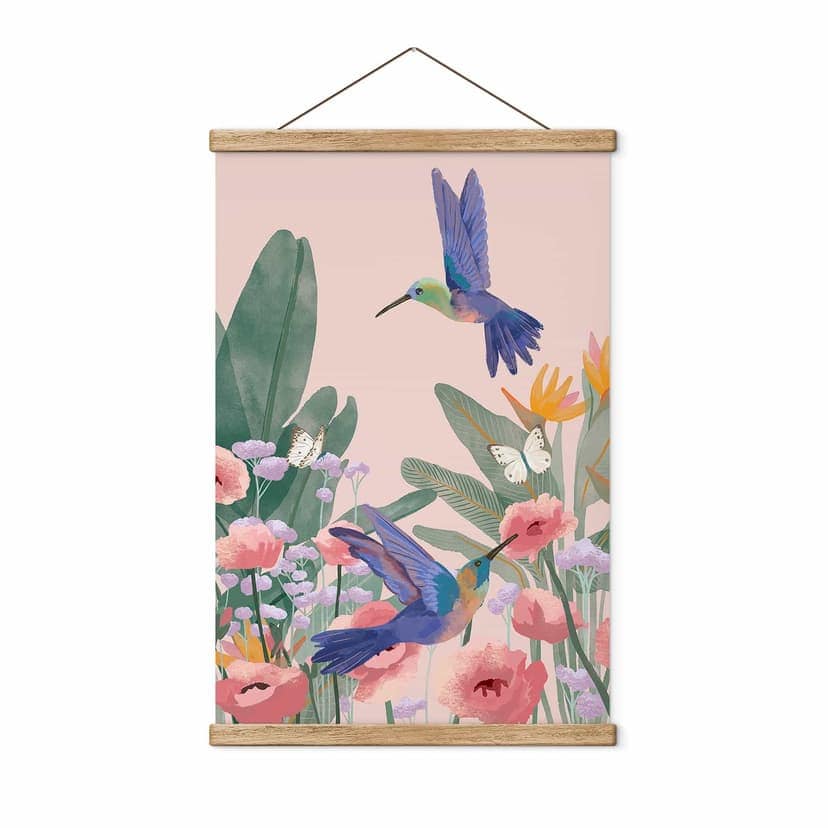 Stampe su tessuto Due colibrì in un prato di fiori colorati - Goed Blauw
