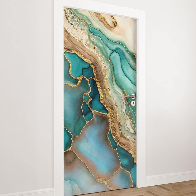 Pellicola per porta Onde marmorizzate in turchese e oro - Haase - Decorazione autoadesiva per porta