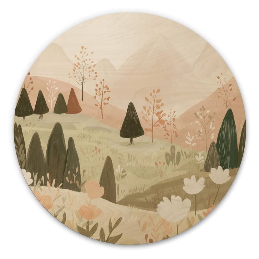 Stampa su legno paesaggio montano pastello con fiori - Treechild - Rotondo