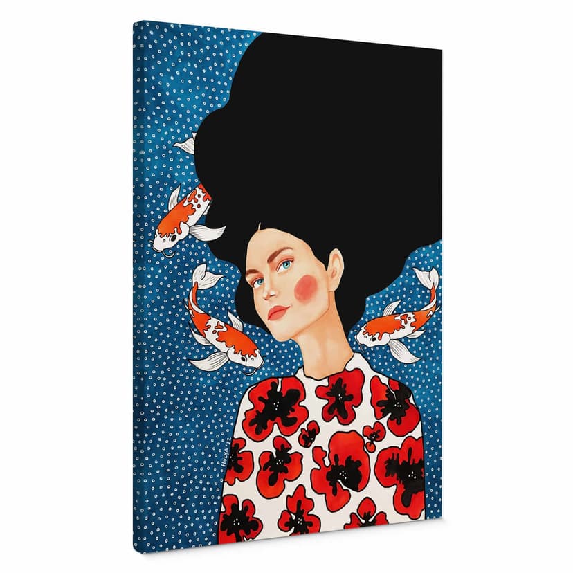 Stampe su tela Donna in abito a fiori con koi - Hülya